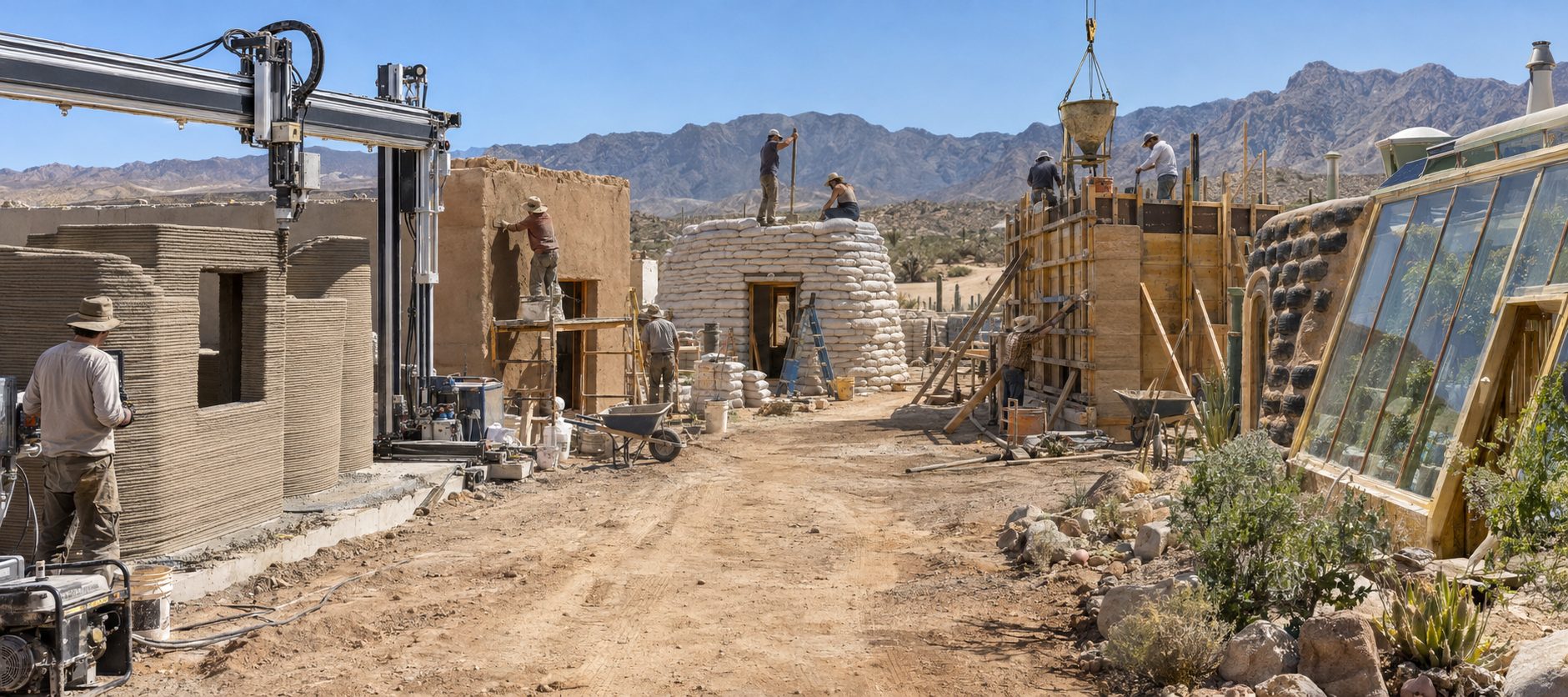 A desert construction street with a 3D-printer mid-layer, adobe plastering, an earthbag dome, and rammed-earth formwork all underway side by side.