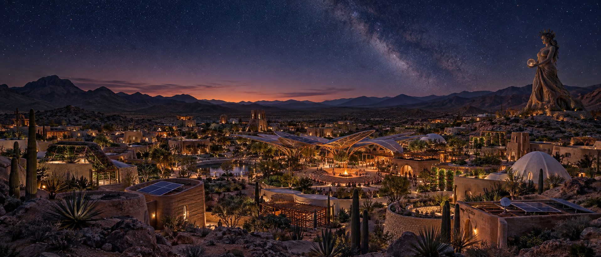 A sweeping night view of the Solyra desert city, lit by warm lantern light, with a solar canopy over a central amphitheater, aeroponic growing domes, and a star-filled sky overhead.