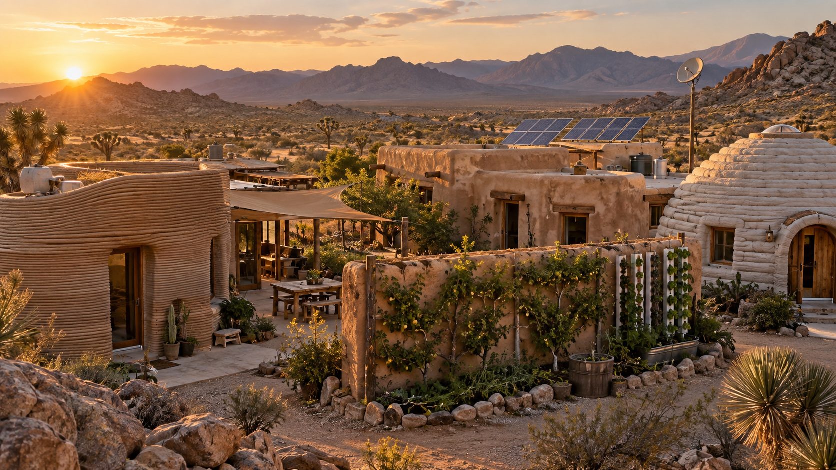 Desert homes at sunset: a ribbed 3D-printed structure, adobe casita, and earthbag dome, with solar panels, a satellite dish, and a food wall of espaliered fruit trees and aeroponic panels in the foreground.